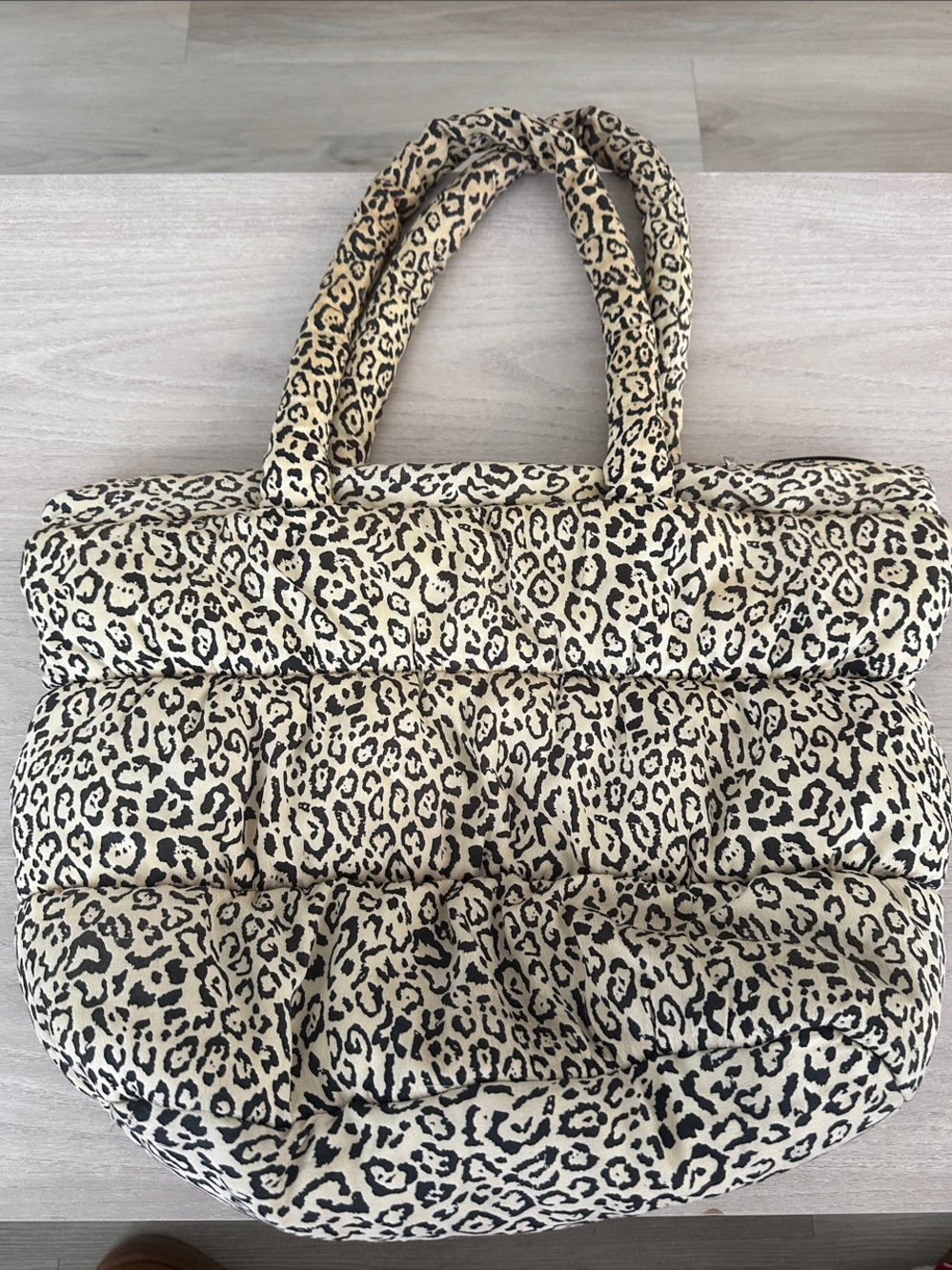 ZARA Leopard Print Puffer Tote Bag - Beige Black